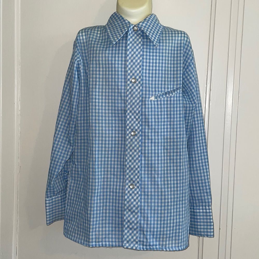 Vintage early 70s Sears blue & white check perms prest snap up Western‎ shirt